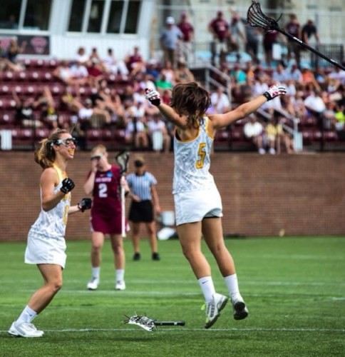 Jackie Jahelka celebrate a goal as she leads Adelphi to BACK-TO-BACK National Championships!